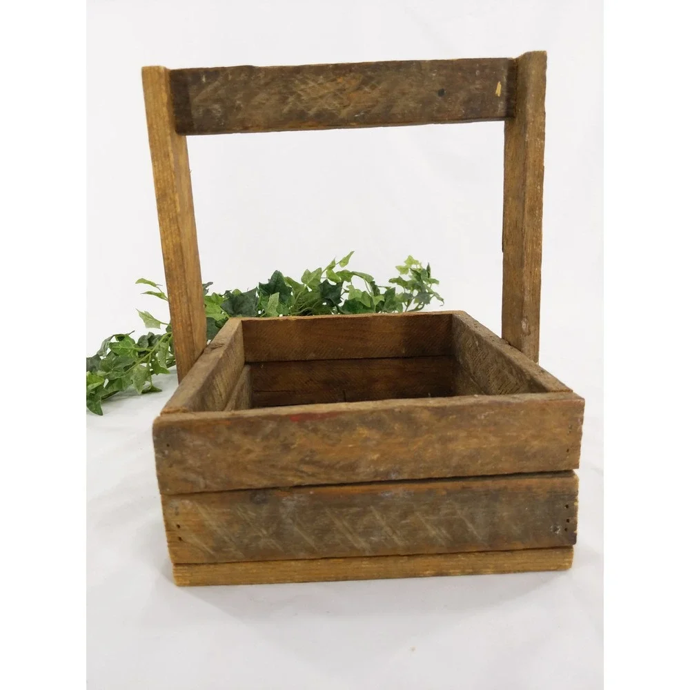 vtg Handmade Rustic Wooden Farmhouse‎ Crate Carry Basket Decor Planter Holder